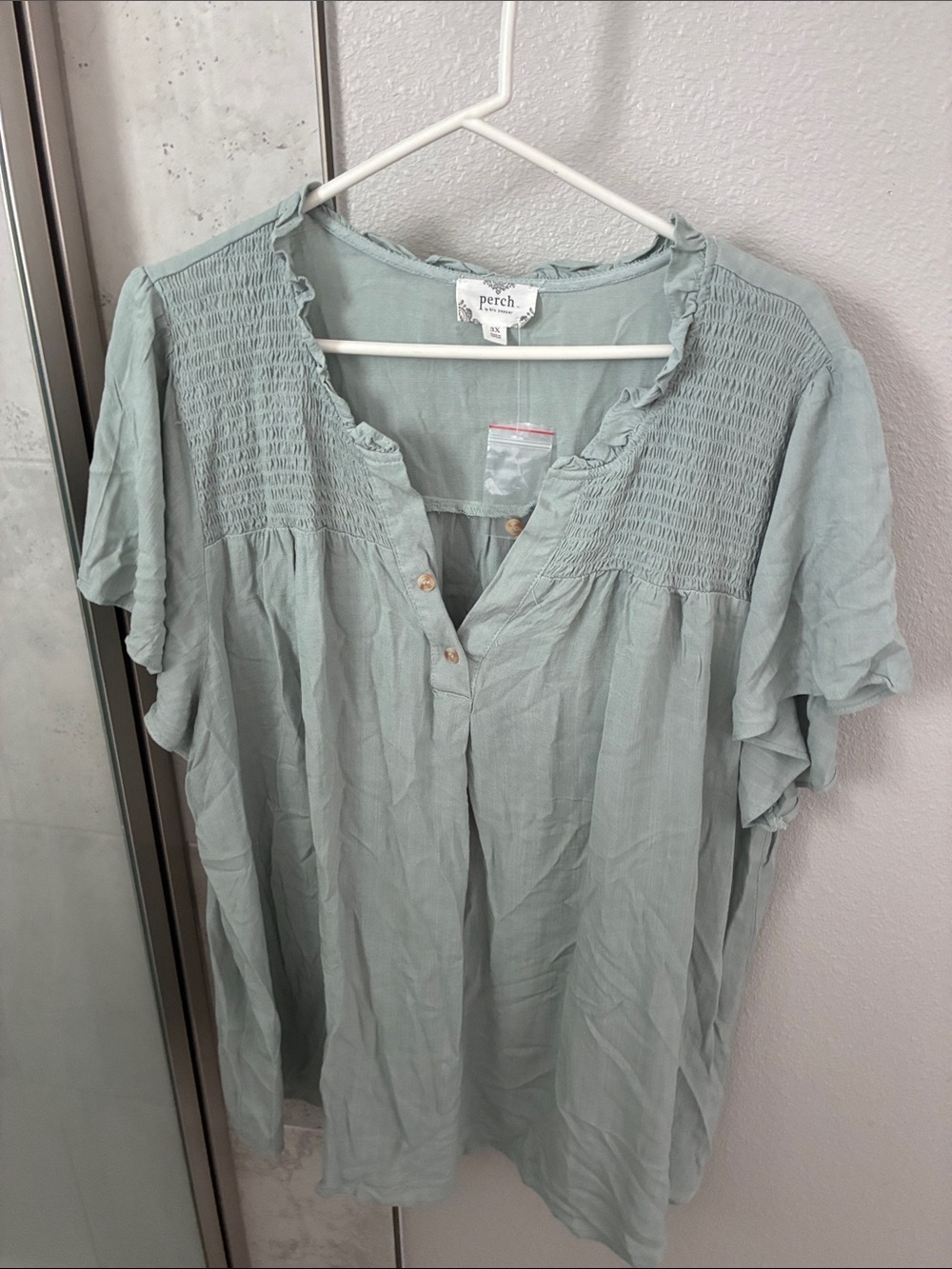 Perch Sage Green Smocked Yoke Short Sleeve Blouse